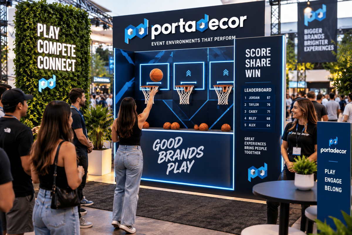 Interactive basketball activation game with branded targets, digital scoring, and guests competing at a live event.
