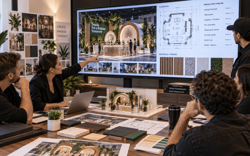 Agency team reviewing event renderings, floor plans, material samples, and production details for a custom brand activation.