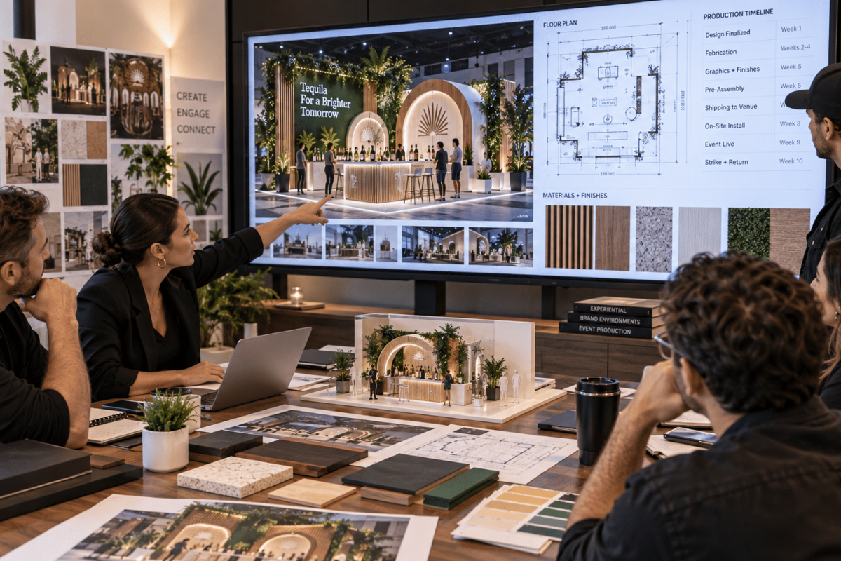 Agency team reviewing event renderings, floor plans, material samples, and production details for a custom brand activation.