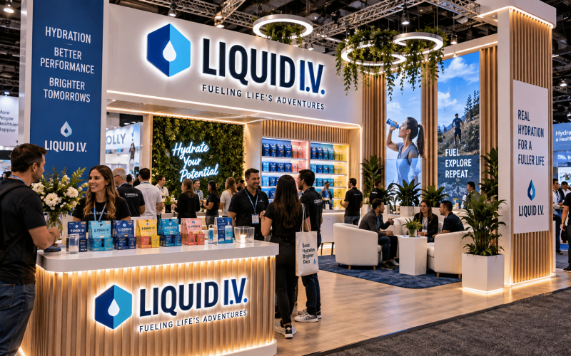 Custom branded event bar with illuminated signage, product displays, integrated storage, and guest service areas.