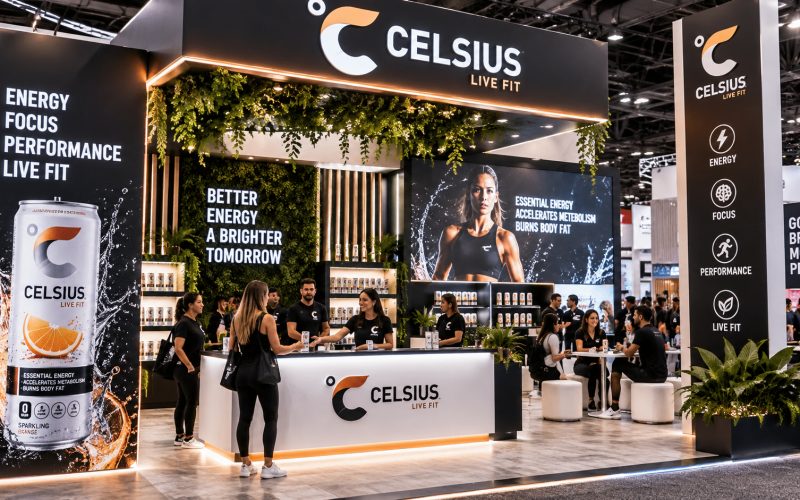 Custom trade show booth with product demos, meeting areas, and attendees engaging with brand representatives.