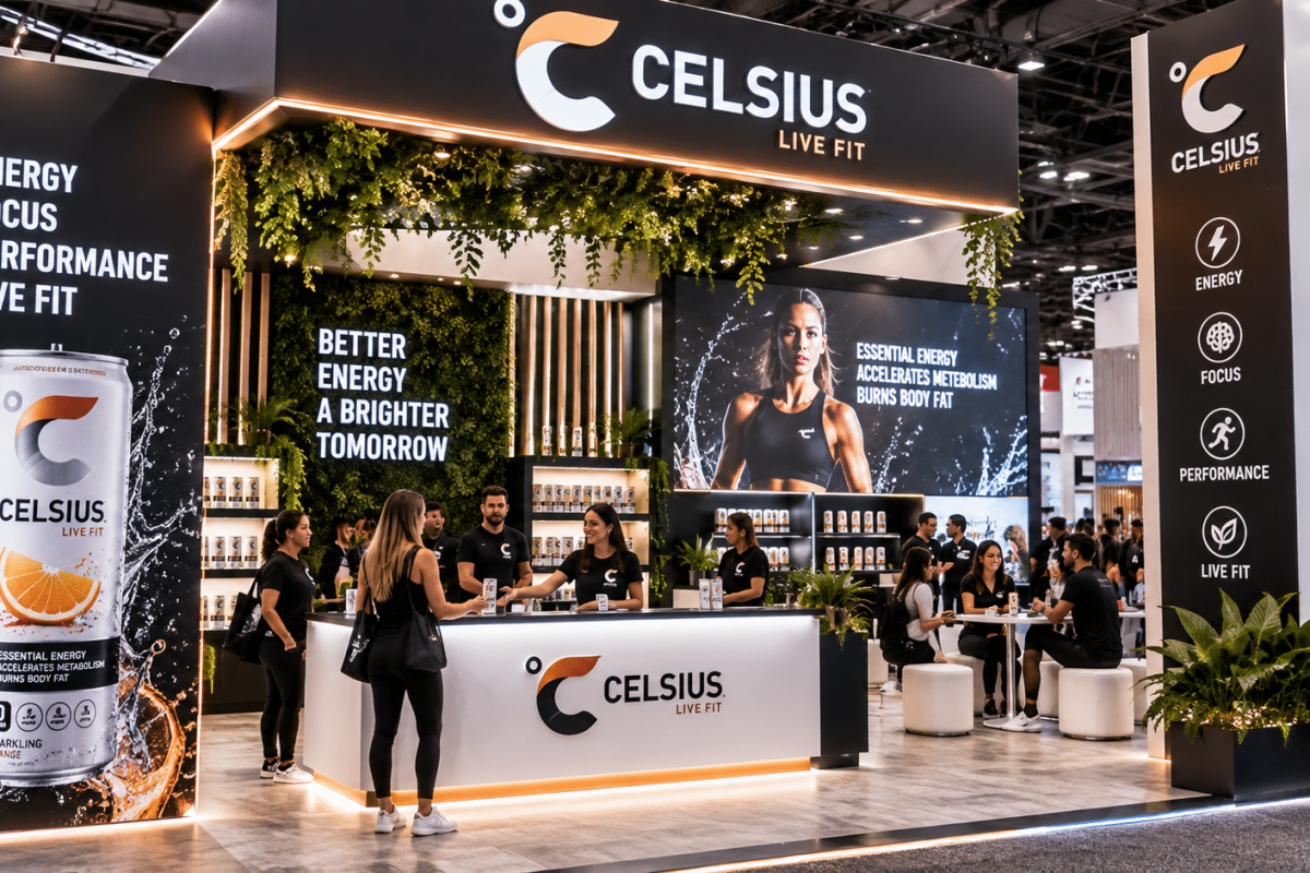 Custom trade show booth with product demos, meeting areas, and attendees engaging with brand representatives.