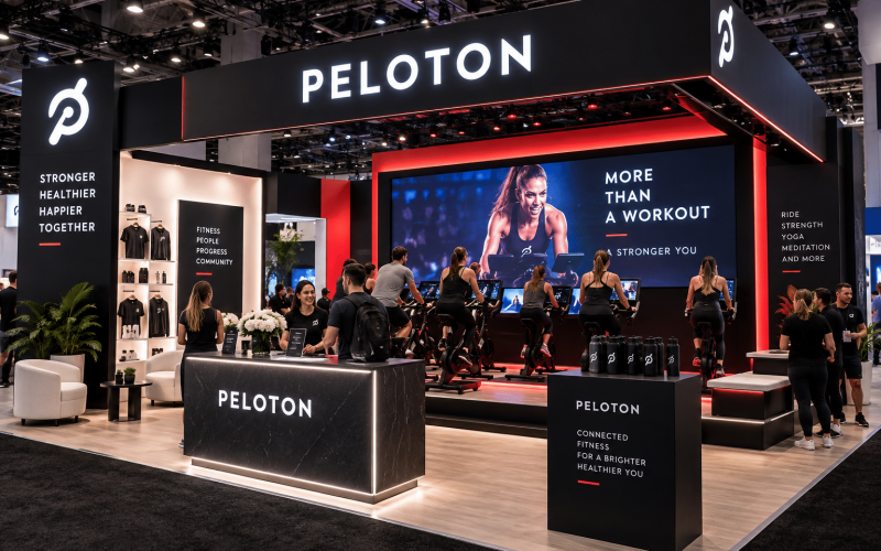 Peloton trade show booth with live cycling demonstrations, product displays, meeting space, and attendees interacting with brand representatives.