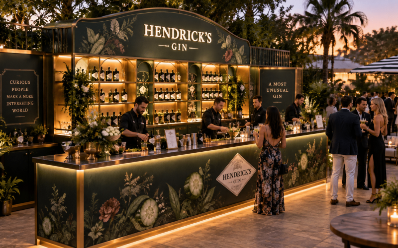 Custom Hendrick’s Gin event bar with illuminated branding, back bar displays, integrated storage, and bartenders serving guests.