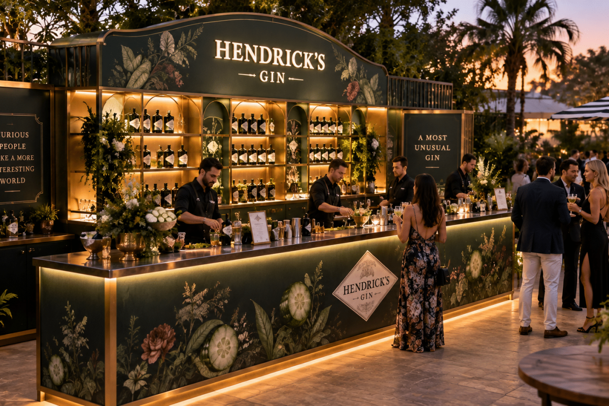 Custom Hendrick’s Gin event bar with illuminated branding, back bar displays, integrated storage, and bartenders serving guests.