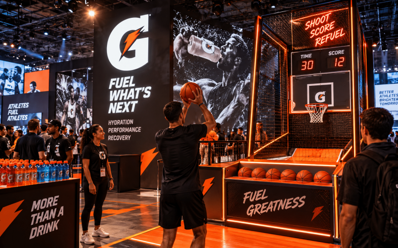 Gatorade basketball activation game with digital scoring, branded fabrication, and attendees competing at a live event.
