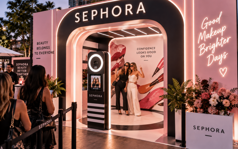 Sephora custom photo booth with integrated camera lighting, dimensional branding, beauty graphics, and guests posing at a live event.