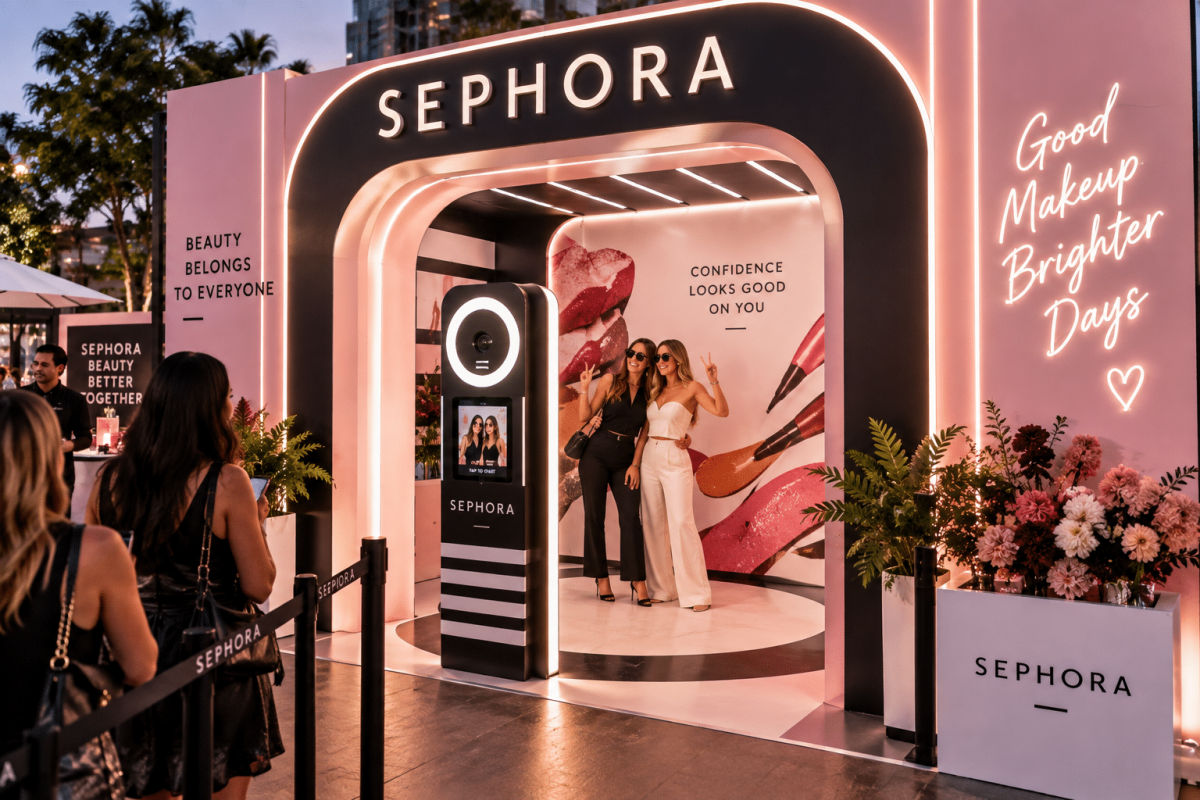 Sephora custom photo booth with integrated camera lighting, dimensional branding, beauty graphics, and guests posing at a live event.
