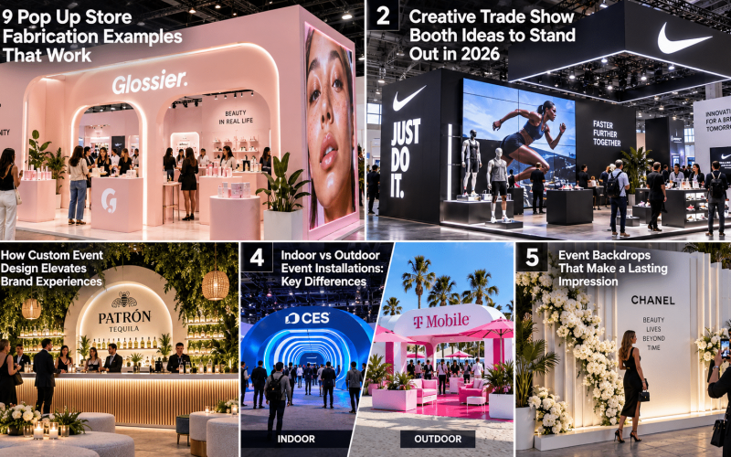 Custom branded event environment demonstrating professional fabrication, integrated displays, architectural finishes, lighting, and event-ready construction.