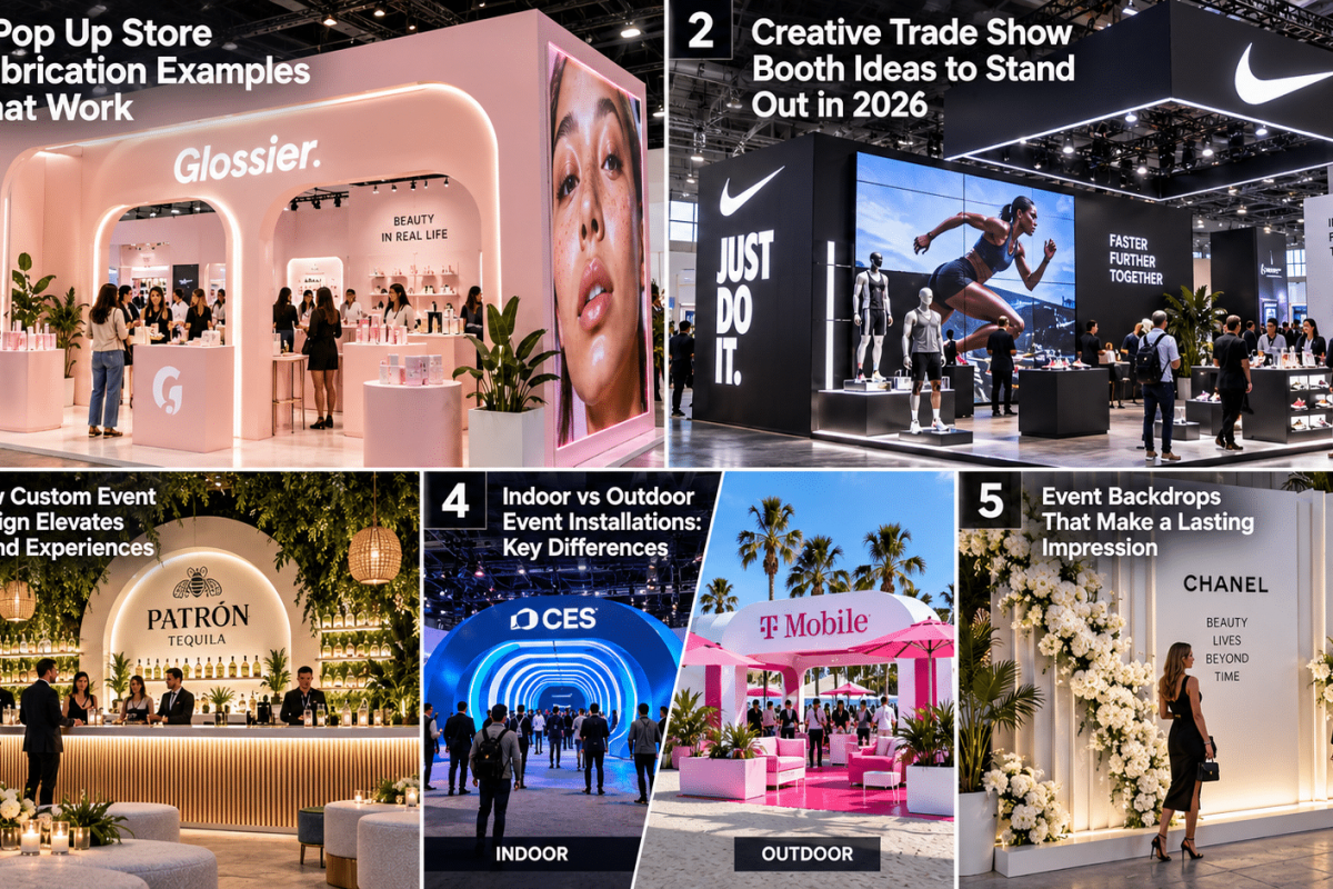 Custom branded event environment demonstrating professional fabrication, integrated displays, architectural finishes, lighting, and event-ready construction.
