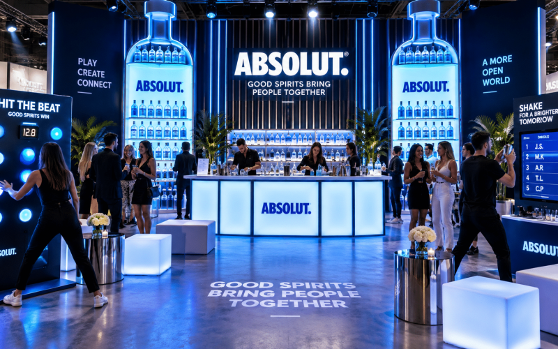 Gamified brand activation with interactive challenges, digital scoring, custom fabrication, and guests competing at a live event.