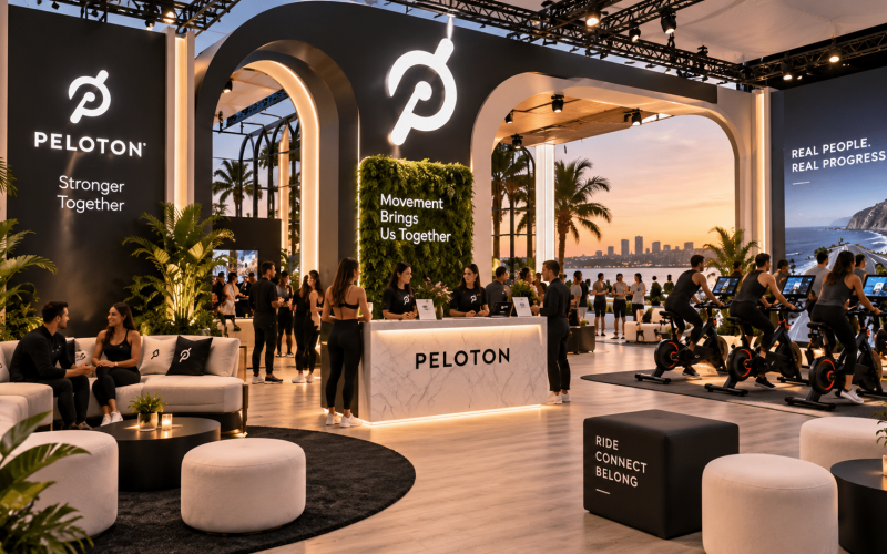 Peloton live event environment combining custom fabrication, lounge furniture, product demonstrations, branded graphics, and guest engagement.