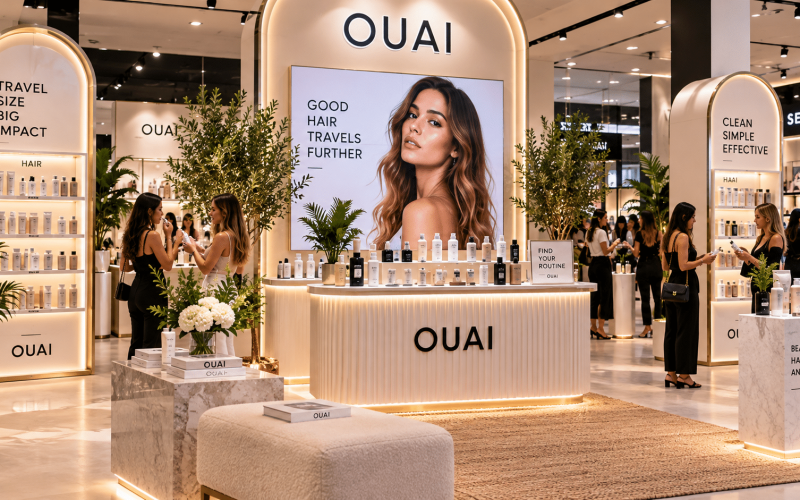 OUAI retail launch display with custom product fixtures, illuminated shelving, branded graphics, and shoppers engaging with the products.