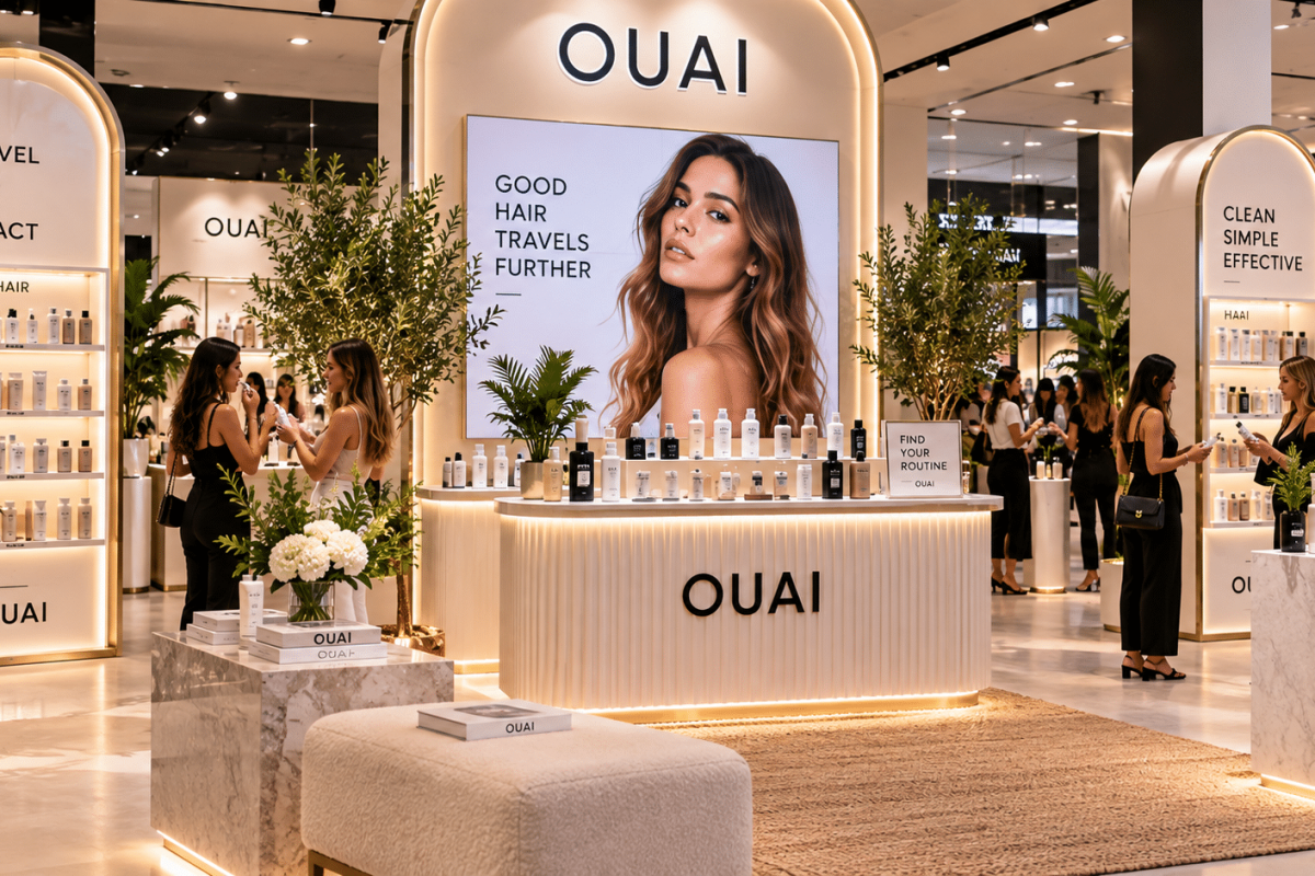 OUAI retail launch display with custom product fixtures, illuminated shelving, branded graphics, and shoppers engaging with the products.