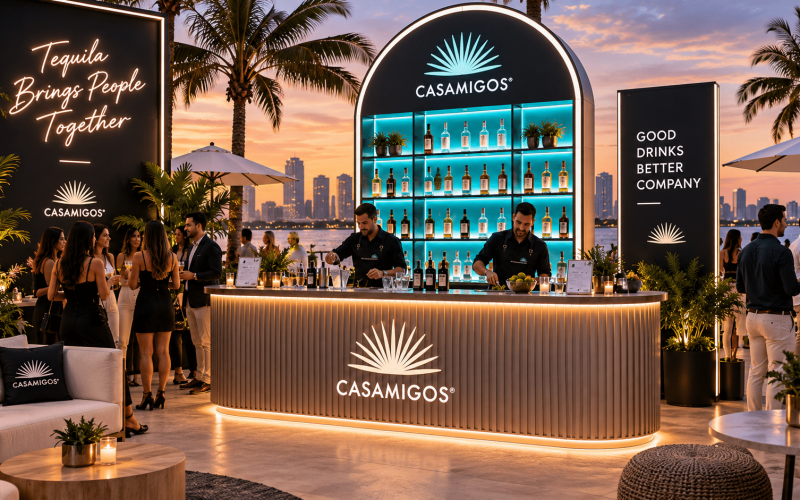 Casamigos portable event bar with illuminated branding, bottle displays, integrated service space, and bartenders serving guests at a live event.