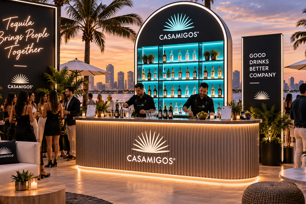 Casamigos portable event bar with illuminated branding, bottle displays, integrated service space, and bartenders serving guests at a live event.