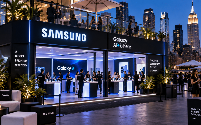 Samsung branded event rental environment in New York with product displays, lounge furniture, custom structures, and guests exploring the activation.