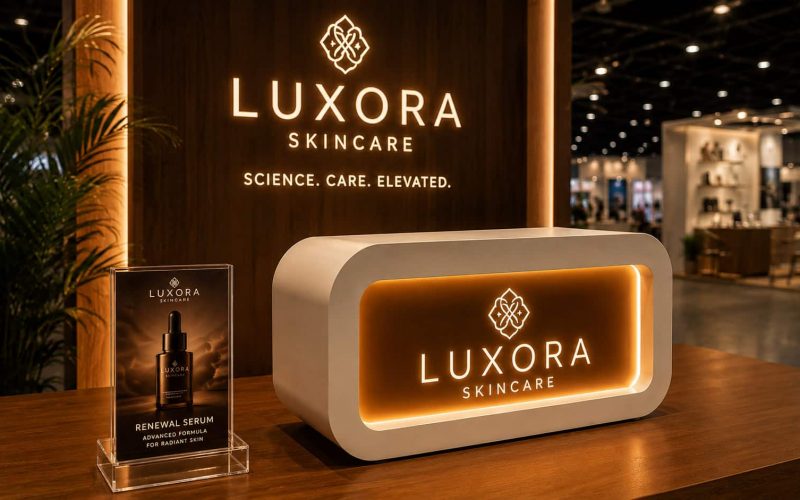 Luxury skincare trade show booth with warm amber lighting and custom experiential display fabrication