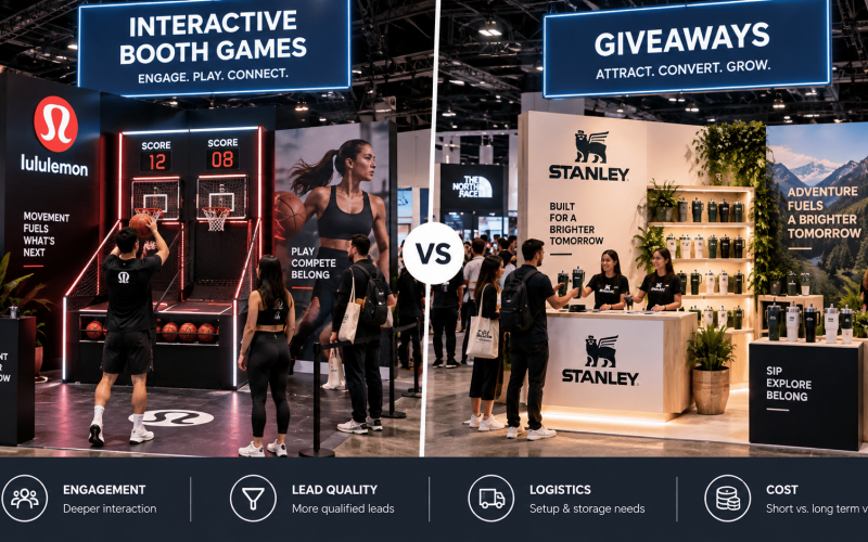 Interactive trade show game with digital scoring and attendee participation alongside a branded giveaway station displaying promotional merchandise.
