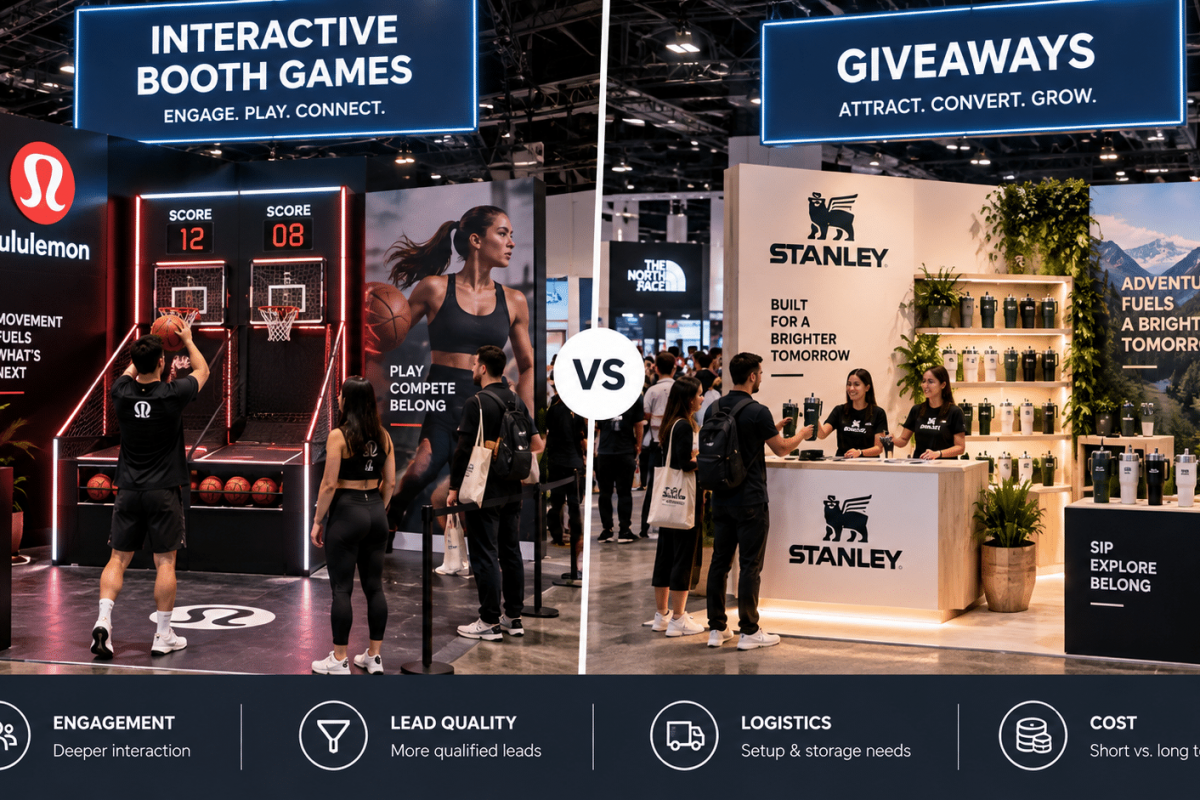 Interactive trade show game with digital scoring and attendee participation alongside a branded giveaway station displaying promotional merchandise.