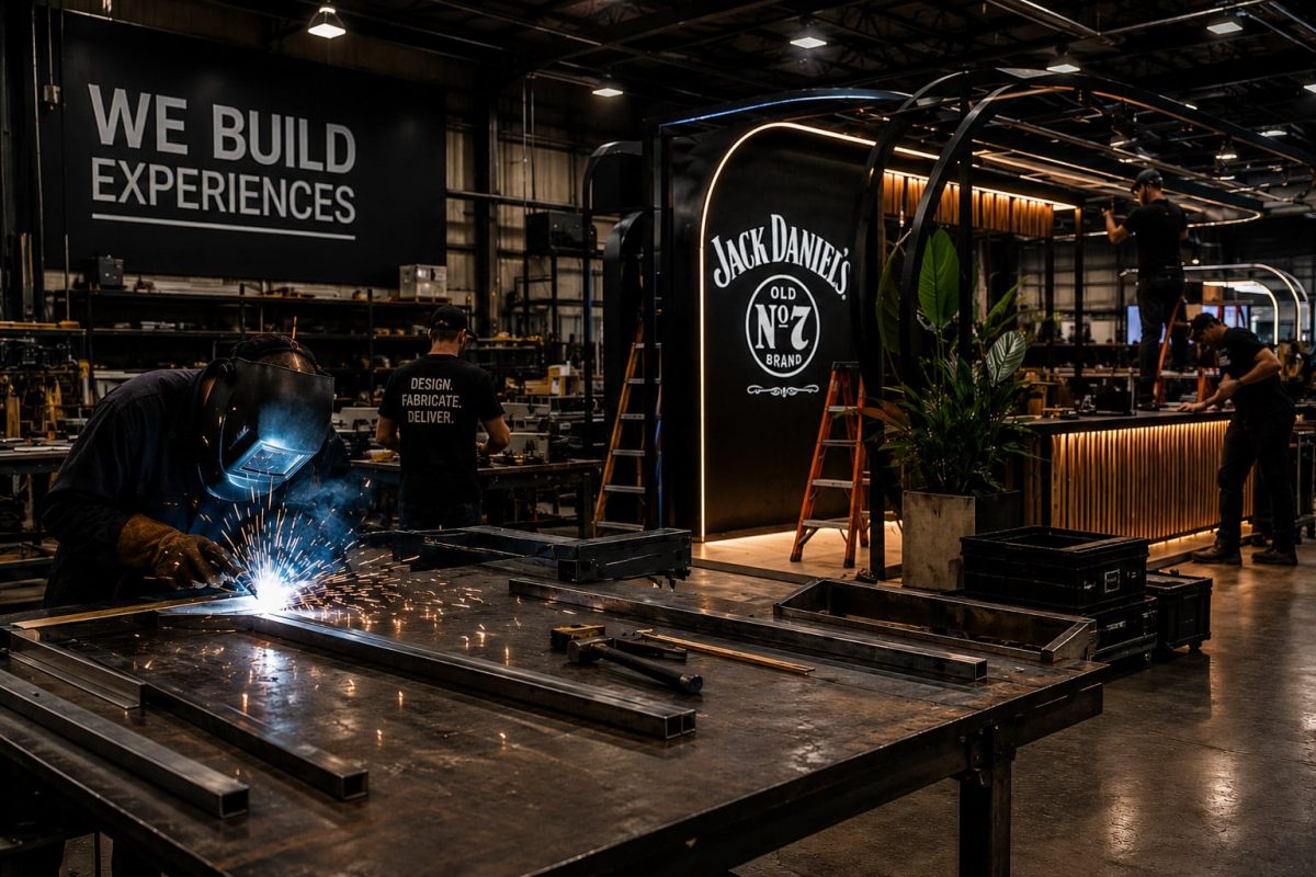 Metal fabrication workshop building custom event displays with welding, steel framing, illuminated structures, and experiential fabrication elements.
