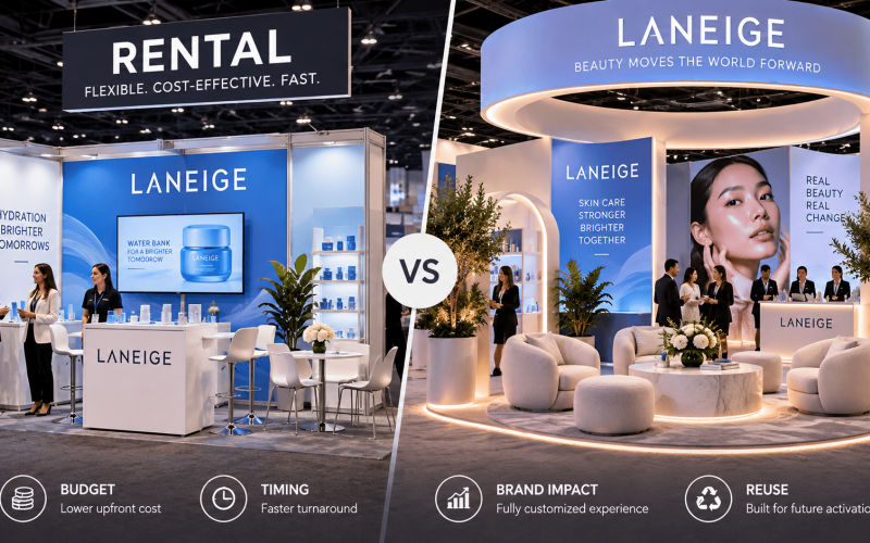 Event lounge featuring rental sofas and tables alongside custom fabricated seating and branded furniture for a live brand activation.