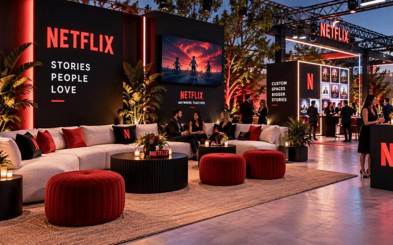Customized event rental setup featuring branded counters, modular displays, lounge furniture, interactive elements, and integrated lighting.
