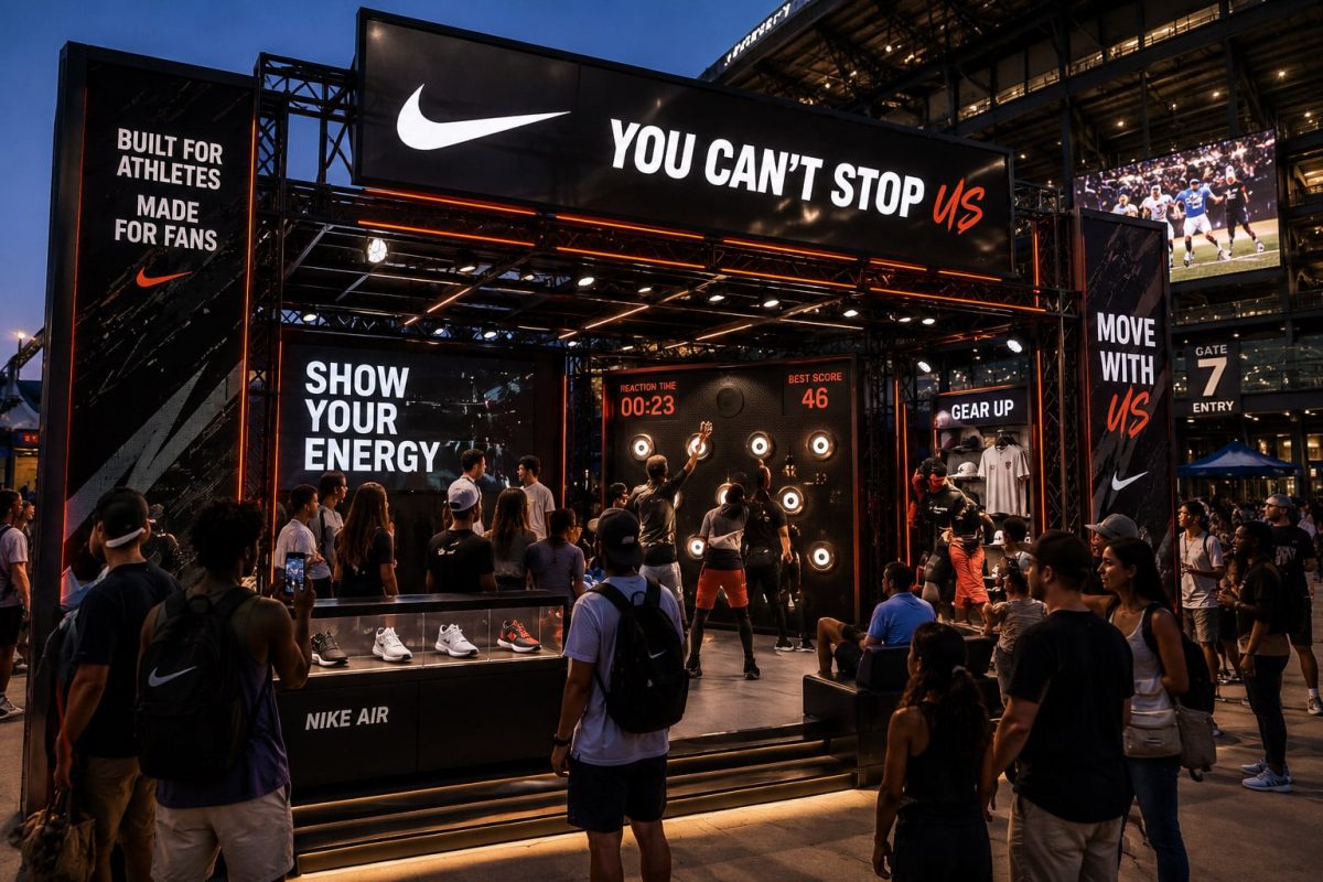 Nike branded sports activation featuring interactive fan engagement, LED gaming experiences, experiential fabrication, and stadium event marketing design.