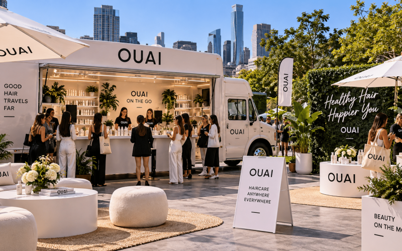 Mobile brand activation featuring a custom branded promotional trailer, product sampling stations, and guests interacting at an outdoor event.