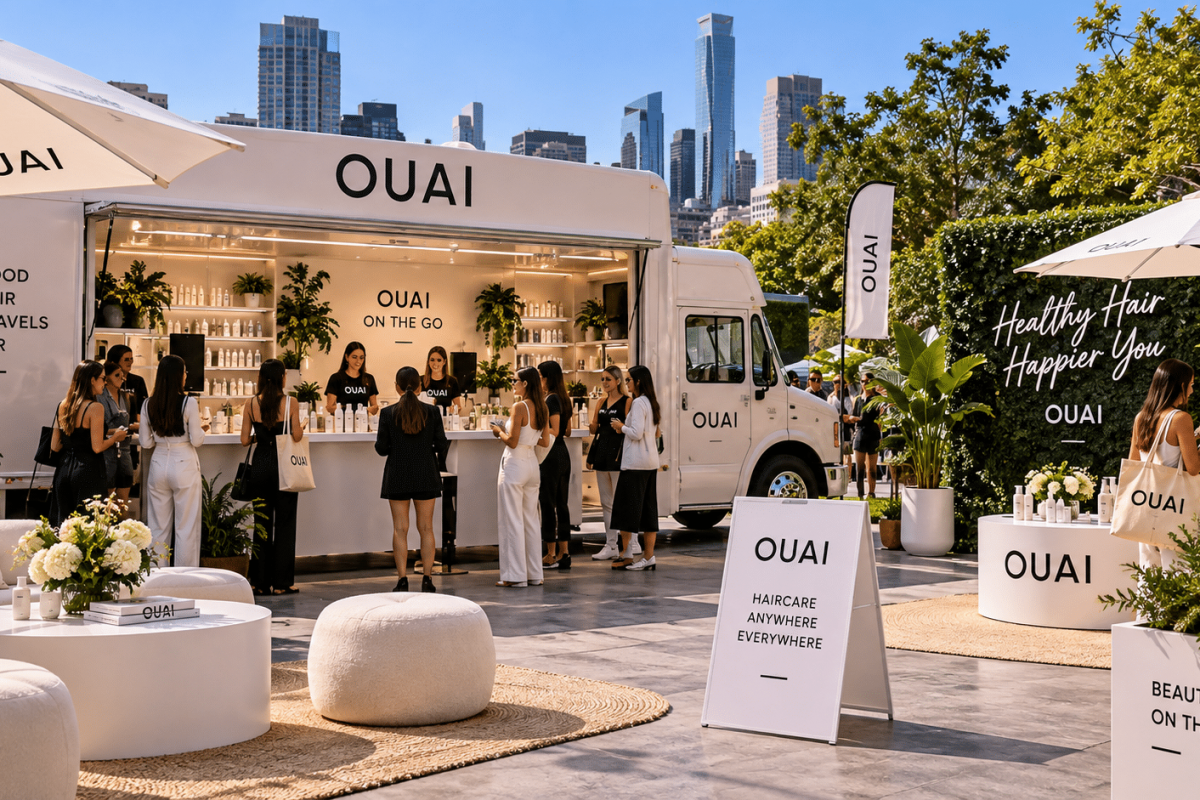 Mobile brand activation featuring a custom branded promotional trailer, product sampling stations, and guests interacting at an outdoor event.