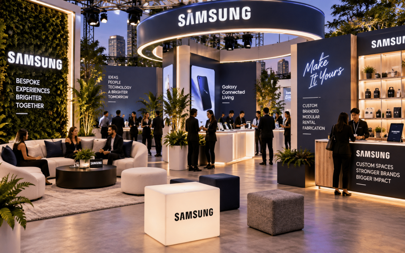 Customizable event rental setup featuring modular display counters, interchangeable branded graphics, product displays, and integrated lighting.