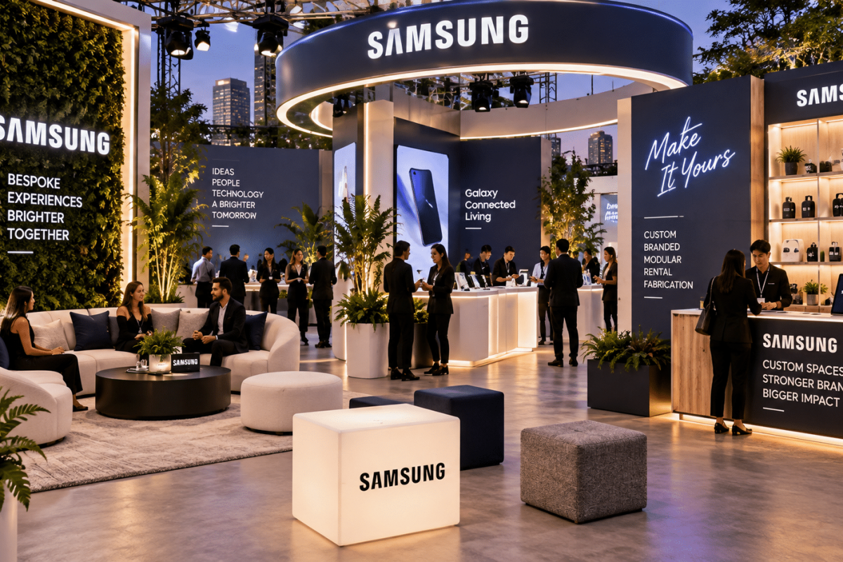 Customizable event rental setup featuring modular display counters, interchangeable branded graphics, product displays, and integrated lighting.