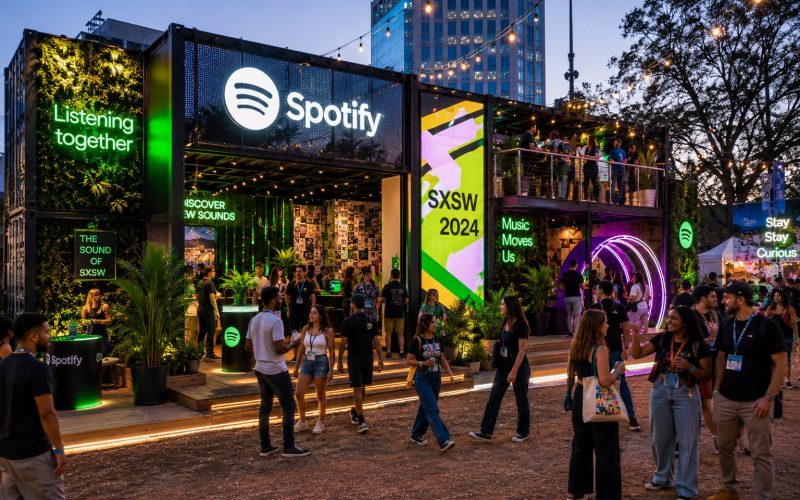 Spotify SXSW brand activation featuring immersive experiential design, neon lighting, interactive environments, and custom fabricated festival structures.