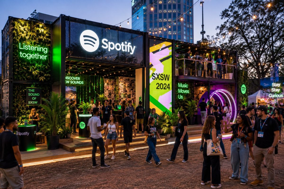 Spotify SXSW brand activation featuring immersive experiential design, neon lighting, interactive environments, and custom fabricated festival structures.