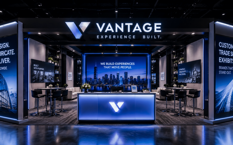 Custom trade show booth exhibit with LED branding and modern event fabrication