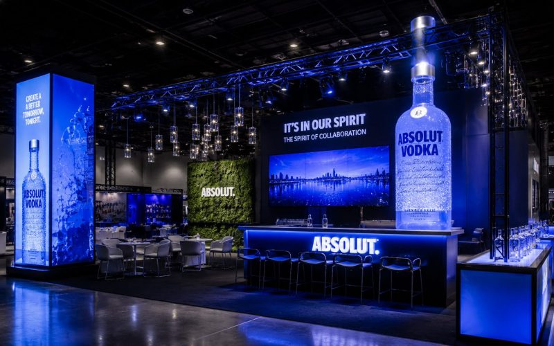 Custom Absolut Vodka trade show booth with LED branding and experiential event design