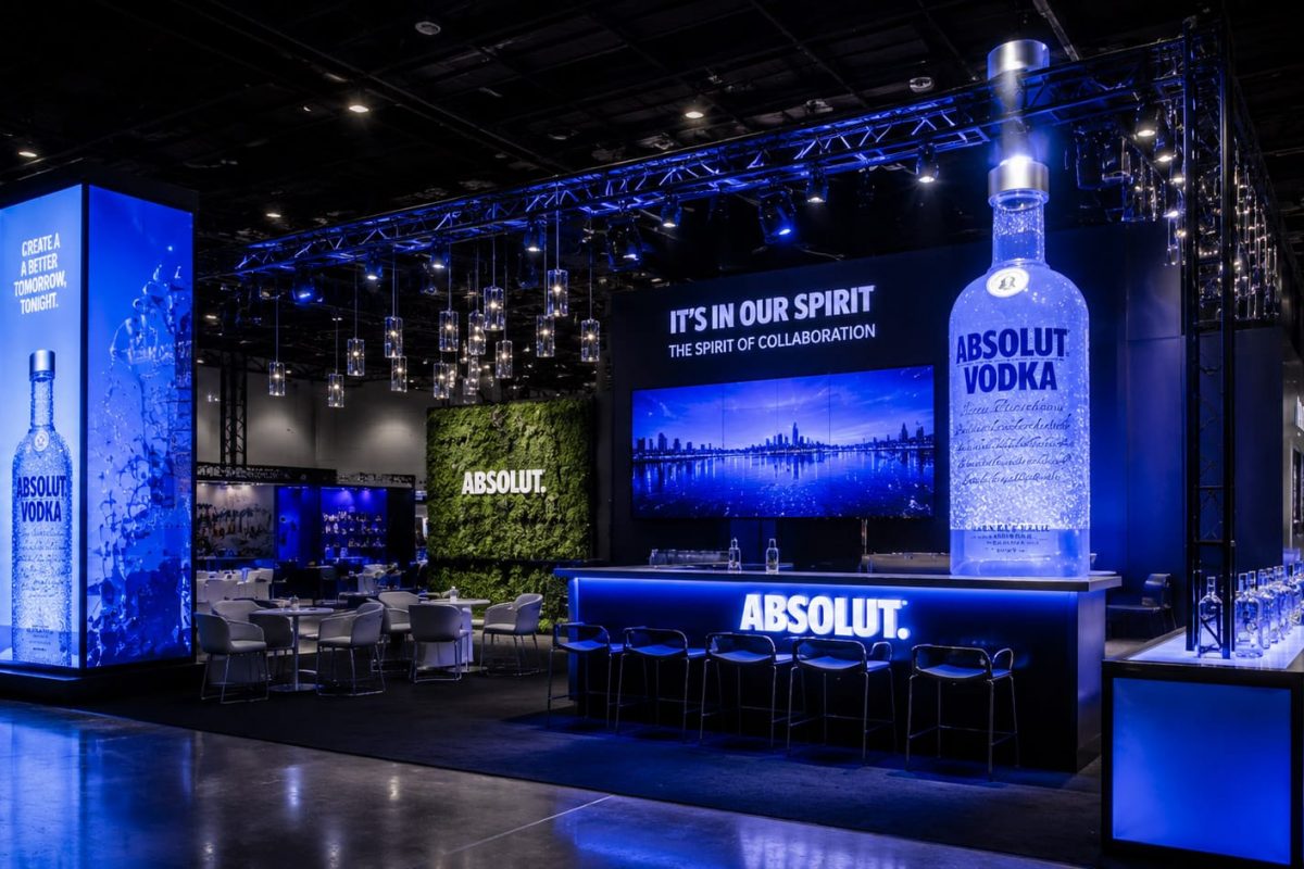 Custom Absolut Vodka trade show booth with LED branding and experiential event design