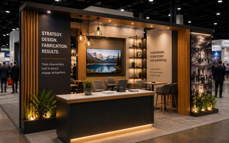 Modern trade show booth with warm wood finishes, ambient lighting, and custom experiential fabrication