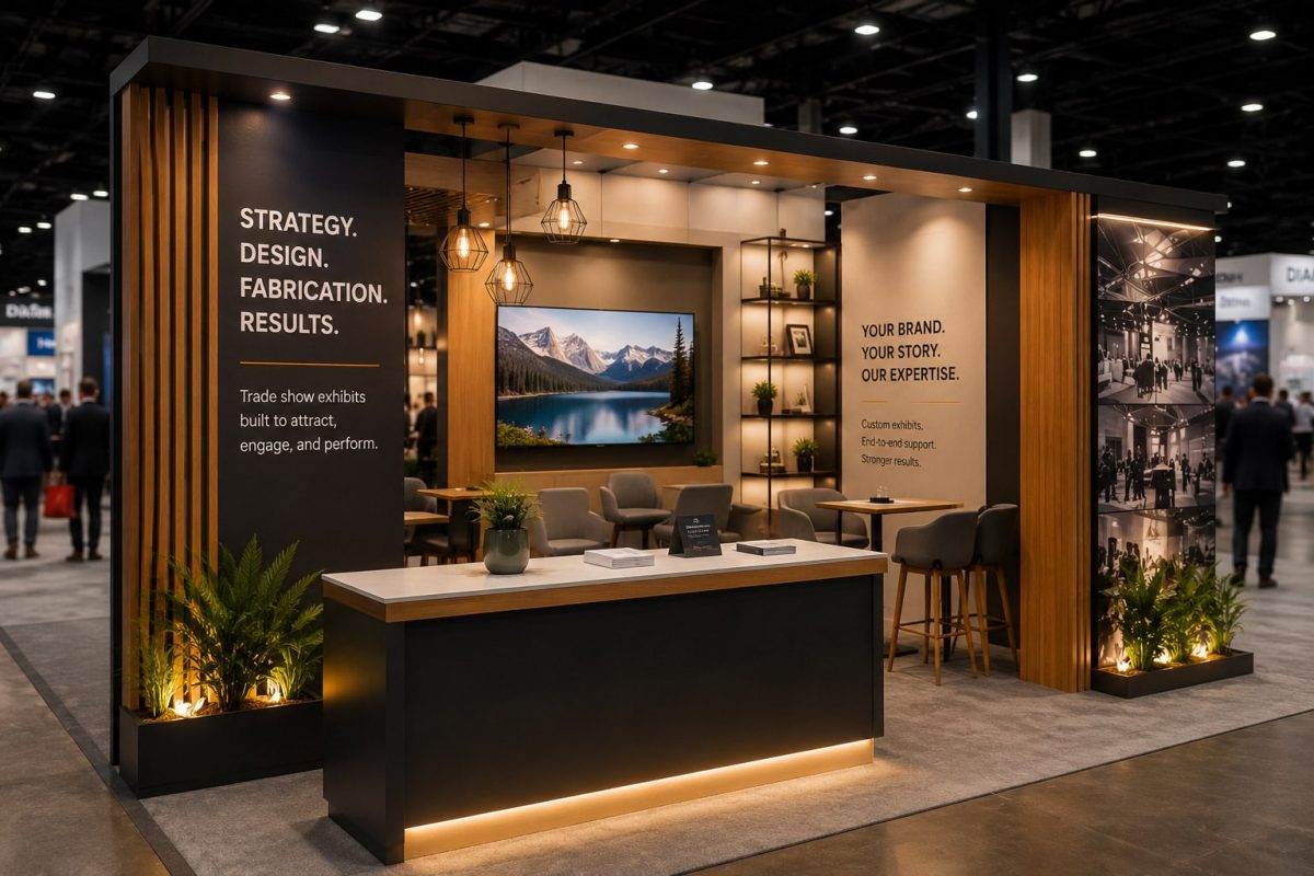 Modern trade show booth with warm wood finishes, ambient lighting, and custom experiential fabrication