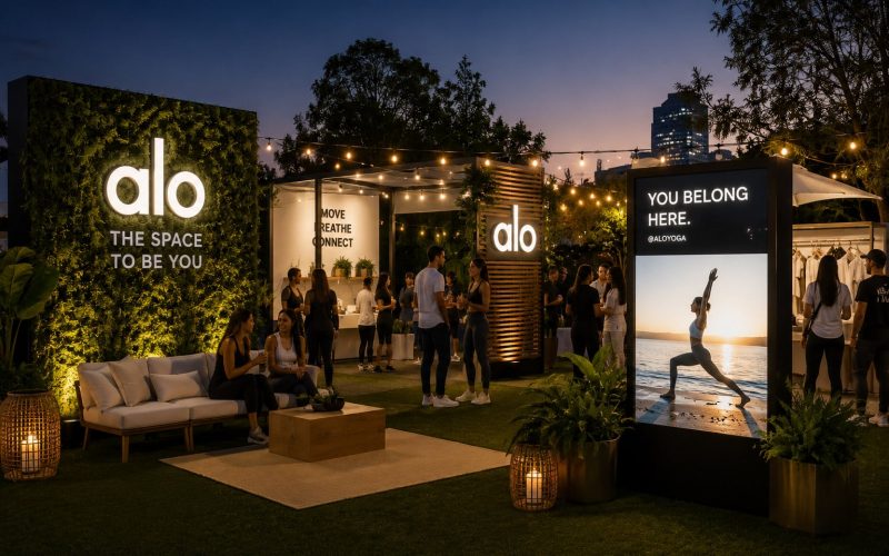 Outdoor experiential marketing activation with illuminated branding, lounge seating, and wellness-focused event design