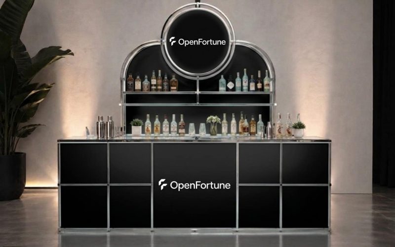 Custom event fabrication project showing a branded exhibit progressing from production planning to a finished event environment.