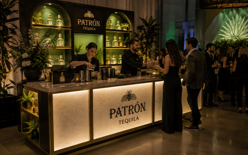 Custom branded bar display for live events featuring integrated lighting, durable fabrication, storage, and premium brand graphics