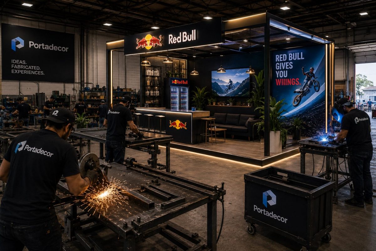 Custom event fabrication workshop building branded displays, experiential activations, trade show booths, and illuminated event environments.